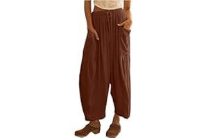 Bemona Women's Wide Leg Linen Pants Elastic Waist Baggy Pants Drawstring Trousers with Pockets Summer Cropped Pants