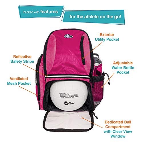 LISH Volleyball Backpack - Large School Sports Bag w/ Ball Compartment (Pink)