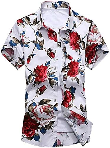 Men Short Sleeves Summer Rose Floral Print Slim Fit Button Down Dress Shirt Red