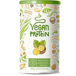 Vegan Protein – HASELNUSS – Pflanzliches Proteinpulver aus Reis, Lupinen, Erbsen, Chia-Samen, Leinsamen, Amaranth, Sonnenblumen- und Kürbiskernen – 600 Gramm Pulver