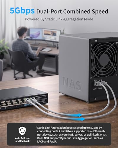 BrosTrend 2.5Gb Network Switch, 8-Port Unmanaged Ethernet Switch Supports Static Link Aggregation & VLAN Ideal for Gaming NAS PC, Ethernet Splitter, Fanless, Desktop / Wall-Mount, Lifetime Protection