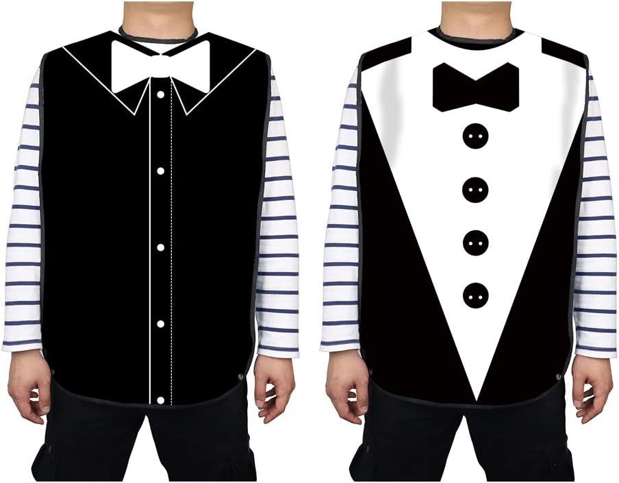 Mens Waterproof Adult Bib, Black Tuxedo with 3D Bowtie, Washable Dining