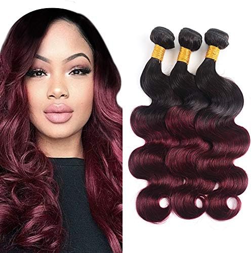 Bk Beckoning Body Wave 3 Bundles 1B/99J Human Hair Weaves Ombre Brazilian Virgin Remy Hair 2 Tone Black To Burgundy Real Hair Weaving Extensions 300g (18 20 22 Inches)