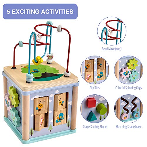 Gleeporte New | 5-in-1 Wooden Activity Play Cube | Deluxe Multi-Function Bead Maze Learning Toy for Toddlers and Kids | Ideal Gift