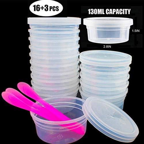 Slime Supplies Storage Containers with Lids 4.5oz,16 Pack Floam Beads Foam Balls Containers of Slime 46g & 3 Pcs Slime Mixing Spoons Kits for Slime Beads, Leakproof Clear Plastic Organizer