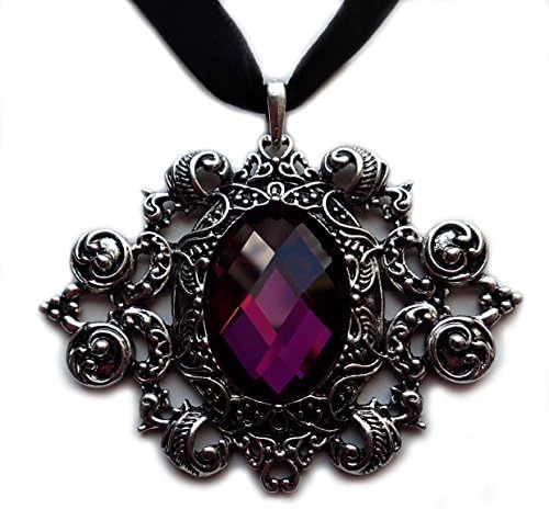 Moon Maiden Jewelry Gothic Black Ribbon Choker Antiqued Silver Pendant: Amethyst Purple