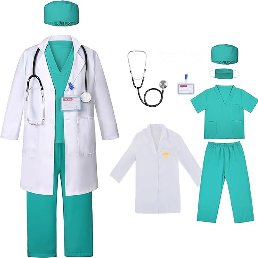 IDOTTA Doctor Costume Kit Pretend Play Dress-Up Set With Scrubs Pants Lab Coat Stethoscope ID Card For Kids Girls 3-10 Years — image 1