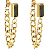 18K Yellow Gold Chain Drop Earrings with Black CZ Rectangular Stones, Dangle Stud Earrings for Women, 18 Karat Gold Plated over Stainless Steel, Tarnish Resistant