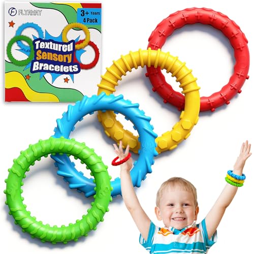 Flyaway Chew Bracelet for Sensory Kids 4 Pack, Fidget Bracelet for Kids Toddler with Autism ADHD Anxiety Texture Silicone, Oral Motor Aids Sensory Chew Toys for Children Adults Chewing Fidgeting