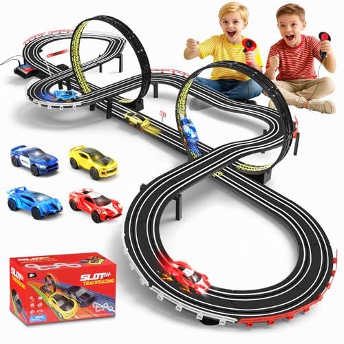 JONRRYIN Circuit Voiture Enfant, 1:64 Circuit Voiture Electrique, Extra-Long Piste De Course - 4 LED Voitures, USB, Télécommande, Comptoir, 360° Boucle, Jouets Cadeaux pour Enfant 6-12 Ans (737CM)
