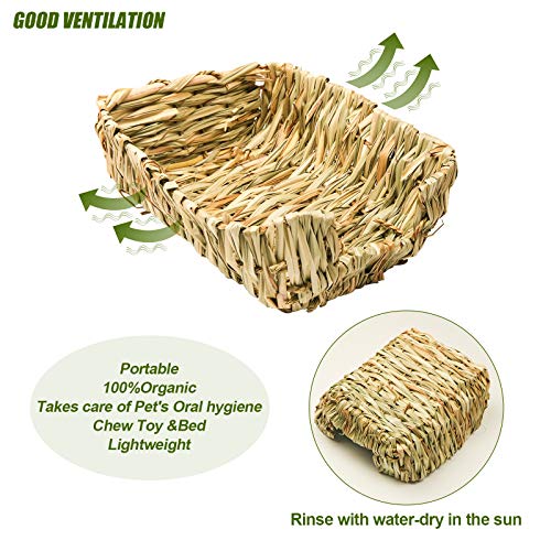Portable Grass Bed with Grass Balls, Natural Straw Woven Grass Bed Sleeping Pad Bunny Chew Toys Hay Mat for Rabbit Hamster Gerbil Chinchilla Guinea Pig Mice Other Small Animals (Set 1)