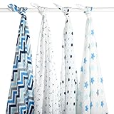 Blisscosy Silky Soft Classic Large Muslin Swaddle Blanket, 4 count 47 inch x 47 inch, Gift Box Set - 4 Pack A6A001 Assorted Blue, Christmas gift