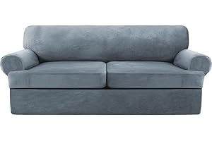 GAMUKAI Velvet T Cushion Sofa Cover 3 PCS Couch Cover Furniture Protector Stretch T Cushion Loveseat Slipcover with 2 Individual T Cushion Covers (Dusty Blue, Loveseat XL)