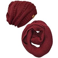 Wrapables Winter Warm Knitted Infinity Scarf and Beanie Hat Set, Burgundy