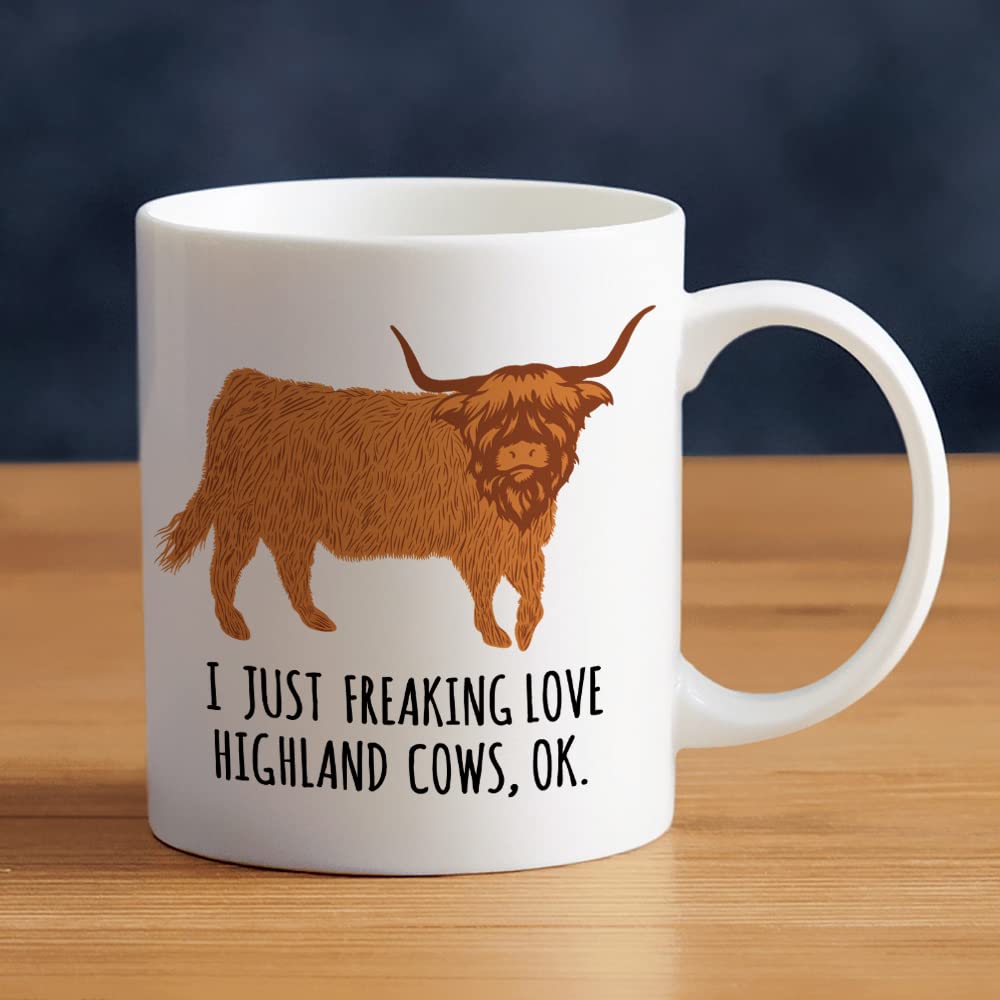 LOZACHE Highland Cow Coffee Mug, 11oz Highland Cattle Ceramic Mug Tea Milk Cup, Funny Gag Gift Ideas White Elephant for Adults Men Women Friends Cow Lovers