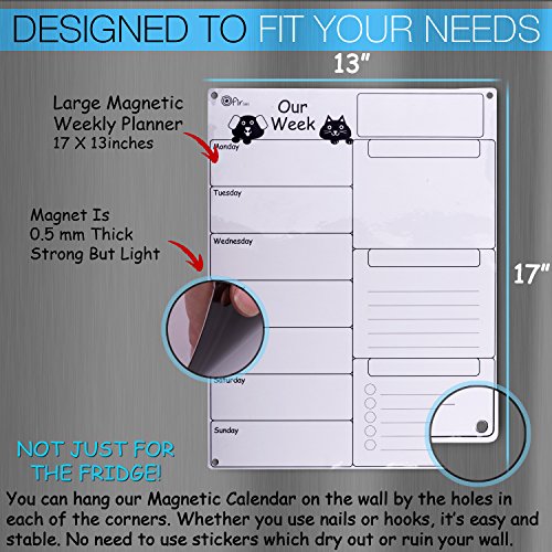 Dry Erase Weekly Magnetic Calendar Set - Whiteboard Planner for Refrigerator White Board Organizer Checklist & Message Board Attach to Fridge or Hang on Wall 17X13 inch With Markers Icons & Push Pins - Thumbnail 2