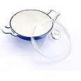 Lava Cast Iron Three Layers of Enameled Cast Iron Small Wok Pan with Glass Lid and Metal Knob with Elegant Handles - 6.5 Inch Diameter Round, Baby Collection (Blue)