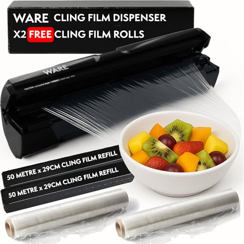 WARE Cling Film Dispenser + 2 Free 50m Rolls l Professional Quality | German-Engineered, PVC-Free l Eco Safe Cutting l Reduces Food and Plastic Waste