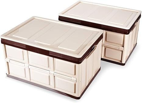 Amazon Amazonブランド Umi ウミ 収納ケース ２個セット 折りたたみコンテナ 収納ボックス ふた付き プラスチック 小物 おもちゃ 衣類収納 大容量 積み重ね 組立簡単 防塵 防カビ 防湿 多機能 奥行約52 5 幅約35 5 高さ約28 5cm ベージュ ブラウン 収納ケース