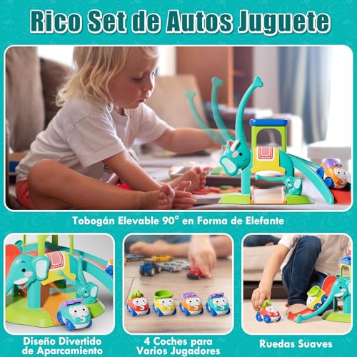 Lehoo Castle Juguetes para Niños 1 2 3 Años, Regalos de Cumpleaños, Tobogán de Elefante con 4 Coches de Animales, Juguetes Educativos para Bebés 12-18 Meses, Pista de Coches Empujables para Niño