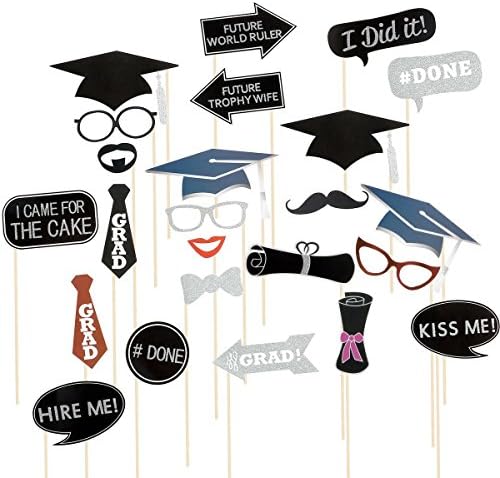 Rubikliss 24pcs Graduation Photo Booth Props Kit Party Favor with Mustache, Hats, Glasses, Lips, Bowler, Bowties on Sticks, Graduation Party Decorations, Graduation Party Supplies Favors