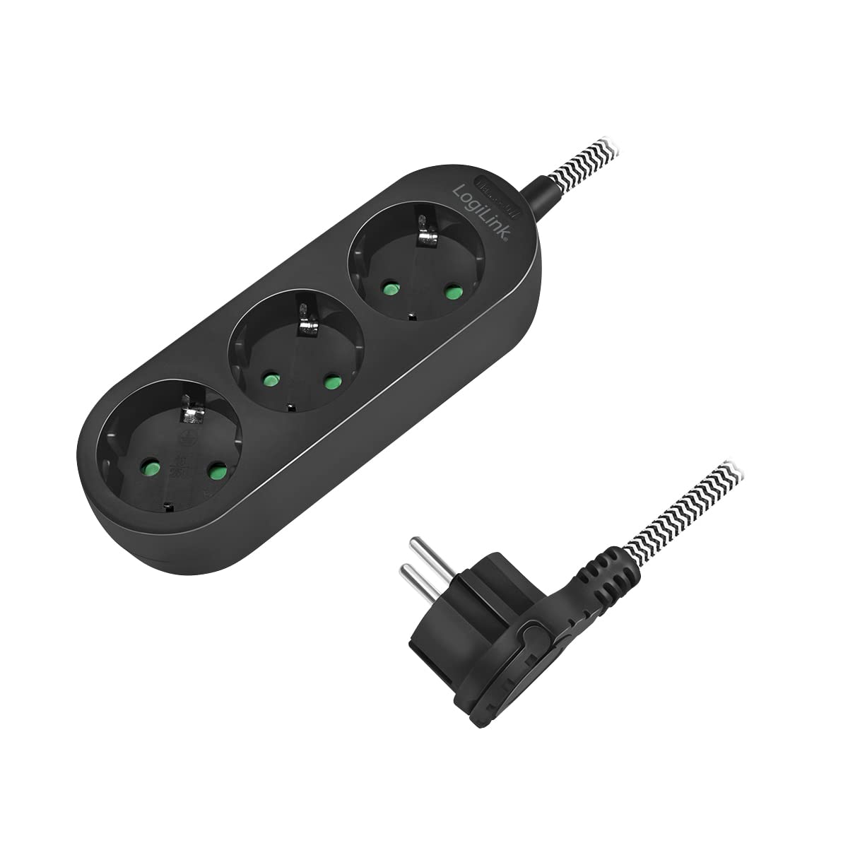 LogiLink LPS261 3-Way Socket Strip 3x CEE 7/3 with Practical Folding Handle and Textile Cable 1.5 m