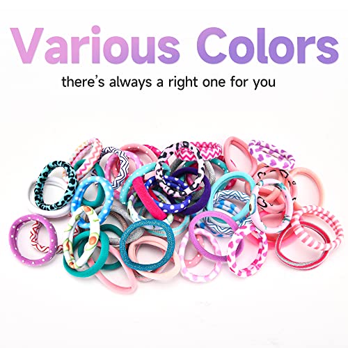 Hair Ties for Girls, 48 Pcs Soft Thick Seamless Nylon Elastic Hair Ties No Damage Pony Tails Holders for Thin Fine Hair Cute Fabric Hair Ties for Women - 48 Colors with Prints (In the Mood for Love)
