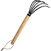 Garden Rake, 15 Inch Steel Tine Rake with Solid Wood Handle | Heavy Duty Soil Loosening, Yard Rake for Leaves, Gravel &amp; Garden Bed Prep
