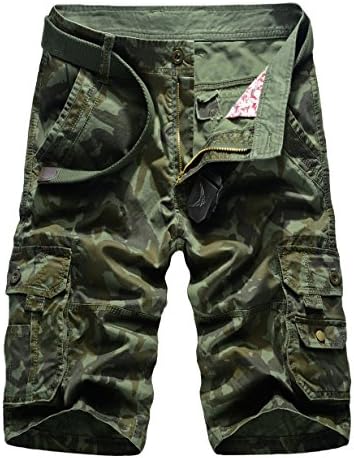 Men's Slim Fit Cotton Solid Multi-Pocket Camo Print Cargo Shorts Army Green 32