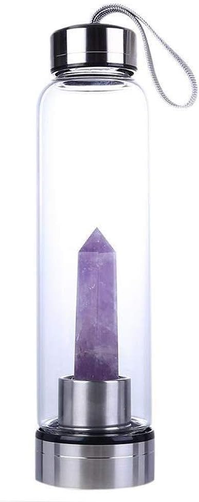 AJIC Crystal Glass Water Bottle Water Bottle with Gemstone Center Energy Cup Crystal Elixir Bottle with Natural Crystal Point Healing Obelisk Wand (Color : Dreamy Amethyst)