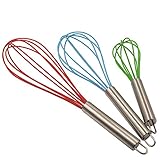 Vhabob Silicone Whisk, Balloon Whisk Set, Egg Frother, Milk And Egg Beater Blender,Stainless Steel & Silicone Kitchen Whisk For Blending, Whisking, Beating, Stirring, Set Of 3, Red, Blue, Green