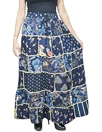 Women's Maxi Skirt Blue Printed Patchwork Flare Gujarati Maxi Skirt S/M