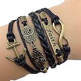 Jiayiqi Women Vintage Antique Bronze Anchor Rudder Owl Charms Leather Rope Bracelet Wristband