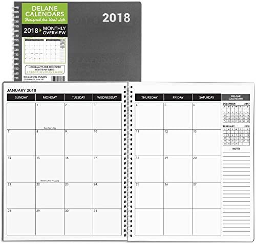 2018 Monthly Daily Planner Calendar / Appointment Book, Grey Cover, 8.5 x 11 inches, 15 Months