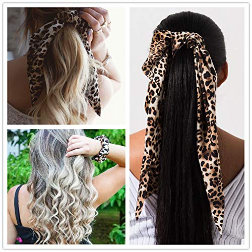 Scarf Scrunchies Women Hair Ties - Satin Silk Hair Scarves Scrunchys Bow Leopard Ribbon Scrunchy with Tails For Thick Hair No Crease Accessories Soft Ropes Ponytail Holder with Designs Long Ponytail H - Thumbnail 4