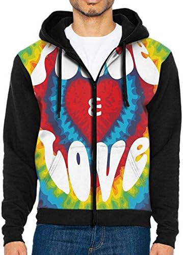 Joapron Peace and Love Groovy Tie Dye Heart Men's Zipper Splicing Overcoat Belt Hat and Pocket XL