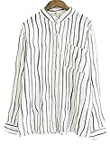 Soojun Ladies Stripe V-neck Cotton Linen Shirts Top Blouses Long Sleeve, Large