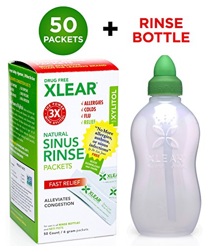 Xlear Sinus Rinse Kit (Bottle + 50 Packets): Nasal Rinse Irrigation Neti Bottle Set - Revolutionary Formula for Congestion Due to Allergies, Colds, Pet Dander, Hay Fever, Dust, Sinusitis, Flu