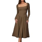 CHYRII Women Spring Fashion 2025 Square Neck Long Sleeve Casual A-Line Midi Dress