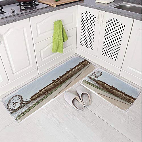 2 Piece Non-Slip Kitchen Mat Rug Set Doormat 3D Print,Historical Building Thames River Ferris Wheel Pencil,Bedroom Living Room Coffee Table Household Skin Care Carpet Window Mat,