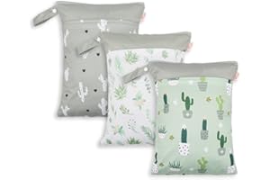 KKTAPOS Wet Dry Bags for Baby Cloth Diapers - Waterproof Reusable Washable Travel Bags, Gym Bag, Pool, Daycare Soiled Baby Items Yoga Gym Bag for Swimsuits & Wet Clothes 3pcs/set (Cactus)