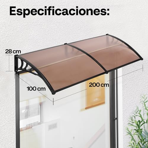 VIVOHOME Outdoor Canopy 100 x 200 cm for Doors and Windows Brown Polycarbonate Awning with Black Brackets Protective Roof for Entrance and Garden