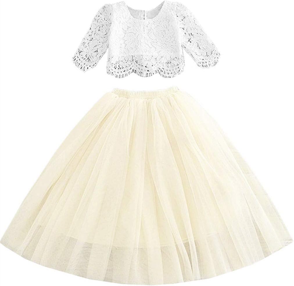 Girl Toddler Full-Length Straight Tulle Tutu Lace Back Party Flower Girl Dress (2-3T, Ivory Sets)
