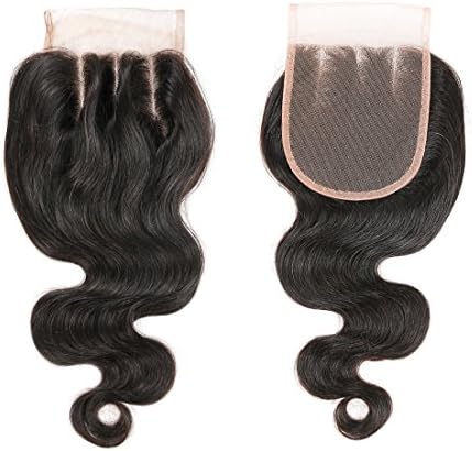 DRESSMAKER Brazilian Virgin Remy Human Hair Body Wave 4 * 4 Lace Closure Three Part Natural Color Hair Extension (16", 4 * 4 Body Wave)
