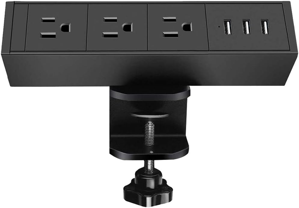 Aluminum Alloy Desk Clamp Power Strip, Desktop Edge Mount Removable Desk Outlets, Power Outlet Plugs with 3 AC Outlet and 3 USB