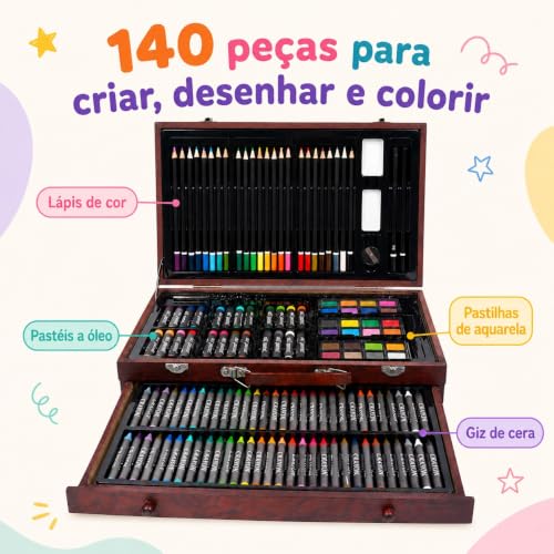 GODREAM Kit de Arte 140 Peças para Pintura e Desenho Infantil, Maleta de Pintura Infantil, com Aquarela, Giz de Cera, Giz Pastel Oleoso e Lapis de cor, Presente para Menina e Menino 5 6 7 8 9 Anos