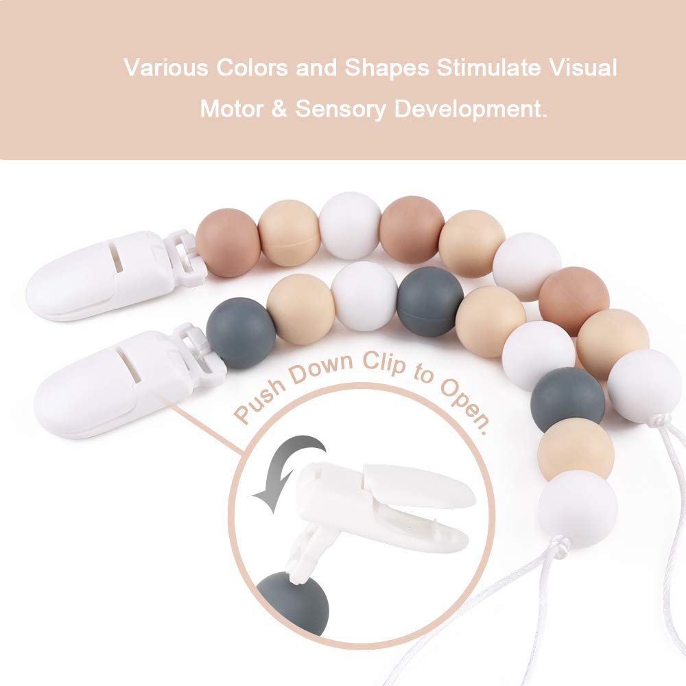 Pacifier Clip, TYRY.HU Silicone Teething Beads Binky Holder Soothie Teether Clips for Baby Boys or Girls, 2 Pack (White+Grey) : Baby