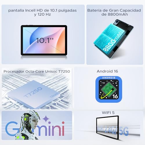 BIRDCLAW P10 Pro Tablet Android 16, Tablet 10 Pulgadas with Gemini AI, 48GB RAM+128GB ROM/2TB, Octa-Core T7250, 120Hz, 8800mAh, 13MP+5MP, Face ID, GPS, 5G WiFi, OTG, Tablet con Teclado y Lapiz, Gris