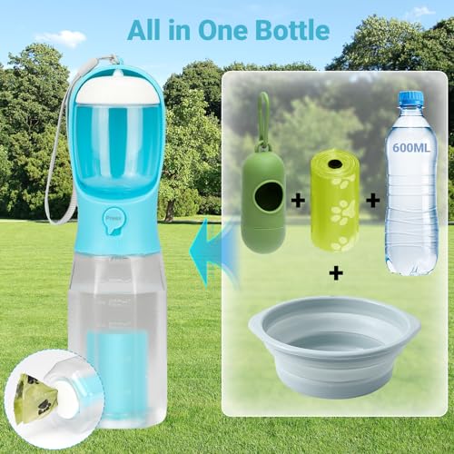Zivacate Dog Water Bottle, 600 ml Travel Bottle for Dogs, Multifunctional Outdoor Water Dispenser for Dogs and Cats with 100 g Food Container and Poop Bag