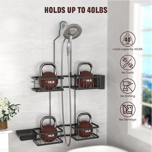 REINHARDT Adjustable Shower Caddy Hanging Rustproof Shower Caddy for Handheld Showerheads, Shower Organizer with Hooks Soap Holder Toothbrush Holder, Anti-Swing Shower Rack Bathroom Accessories, Black